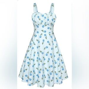 BELLE POGUE Women's Blue Floral Dress M Retro Sleeveless Sweetheart Neckline NWT